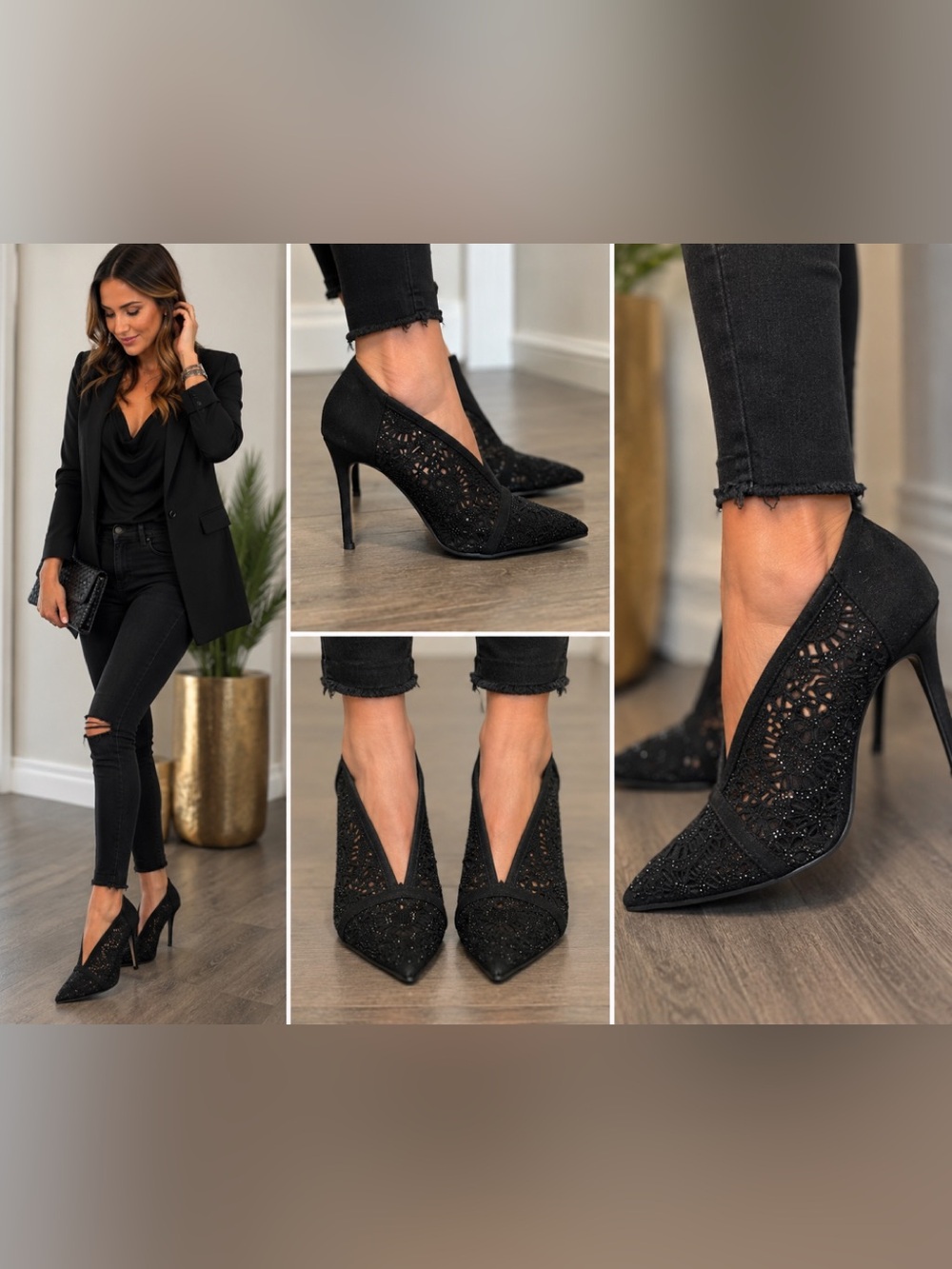 Le Château Black Lace Rhinestone Pointed-Toe Stiletto Ankle Booties Size 8.5